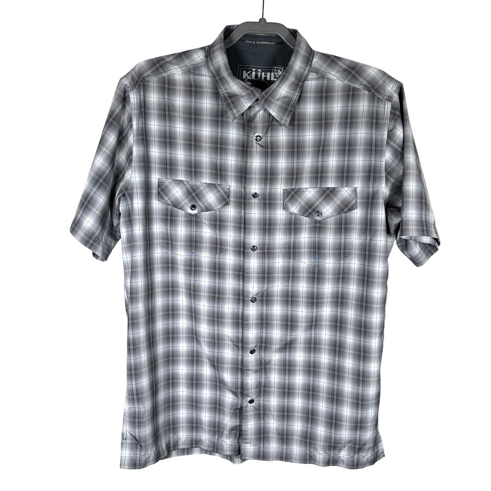 KUHL Pearl Snap Shirt Mens L Short Sleeve Lightweight Polyester Plaid Outdoor